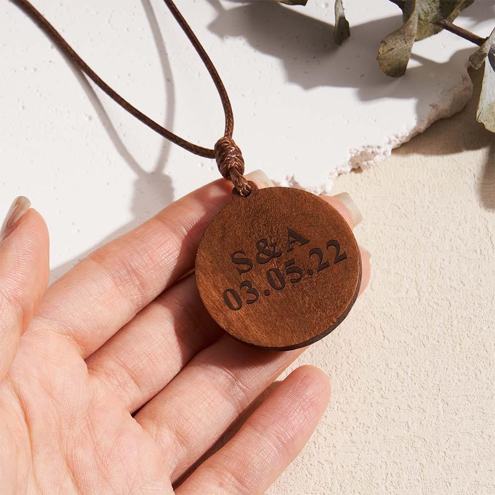 Personalized Photo Necklace Gifts for Him Wood Pendant Custom Name Engraved Round Pendant - soufeelus