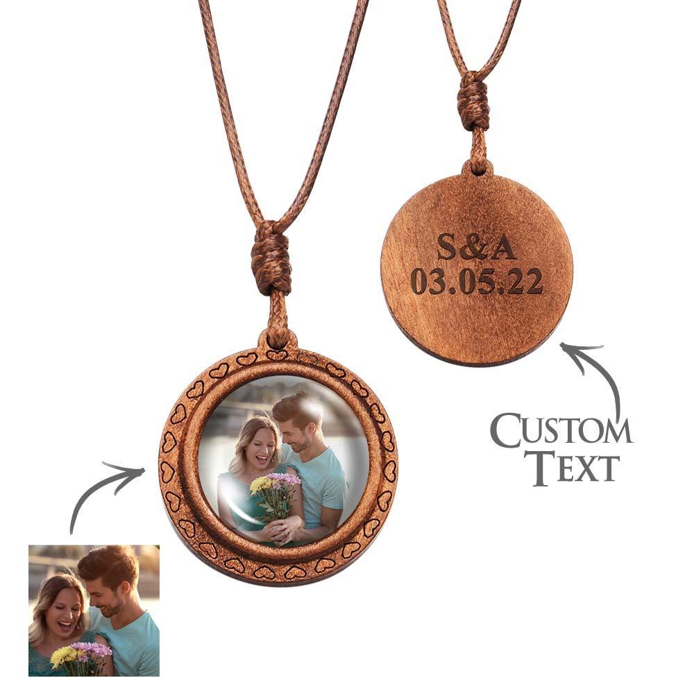 Personalized Photo Necklace Valentine's Gifts for Him Wood Pendant Engraved Custom Name Round Pendant - soufeelus