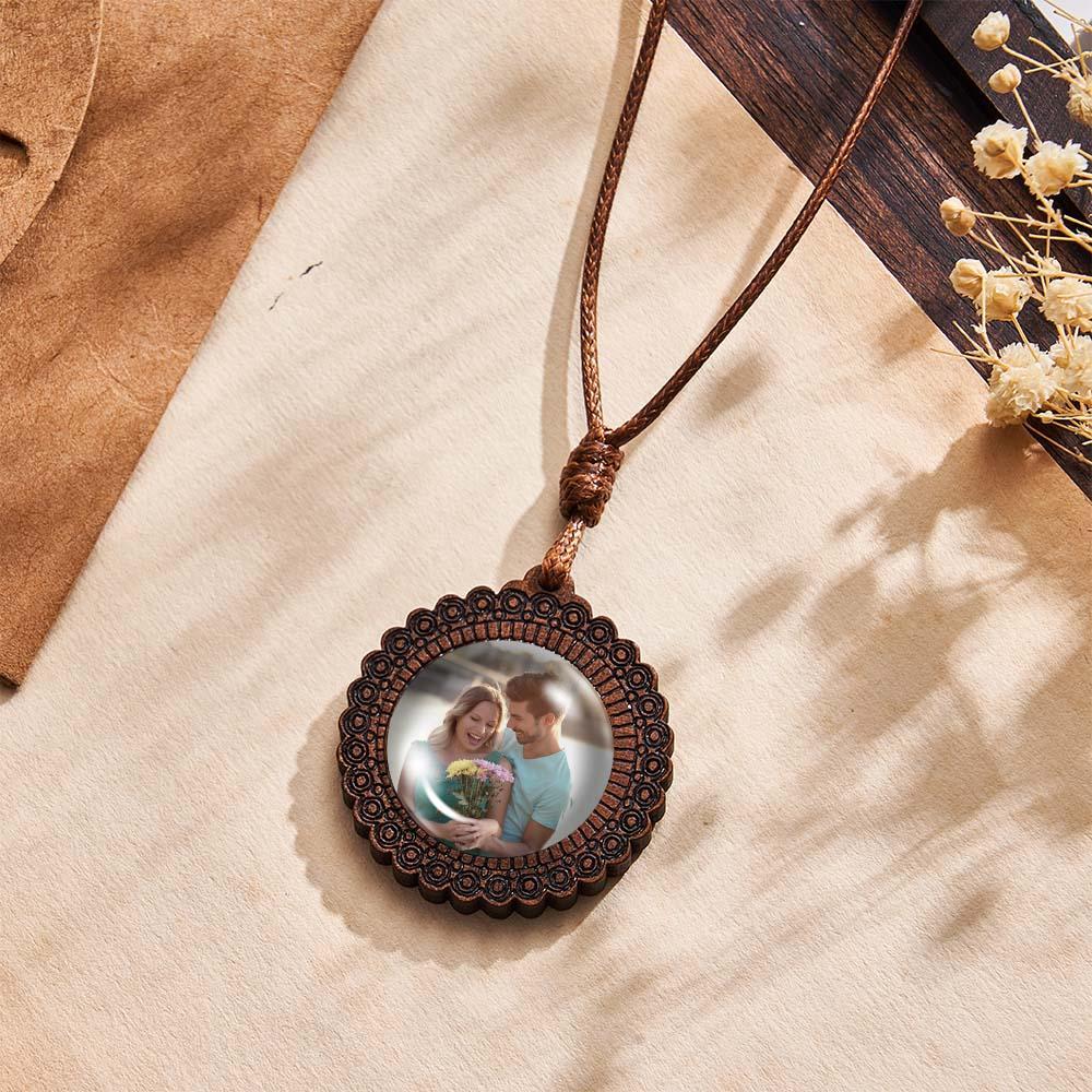 Personalized Photo Necklace Gifts for Him Wood Pendant Custom Name Engraved Round Pendant - soufeelus