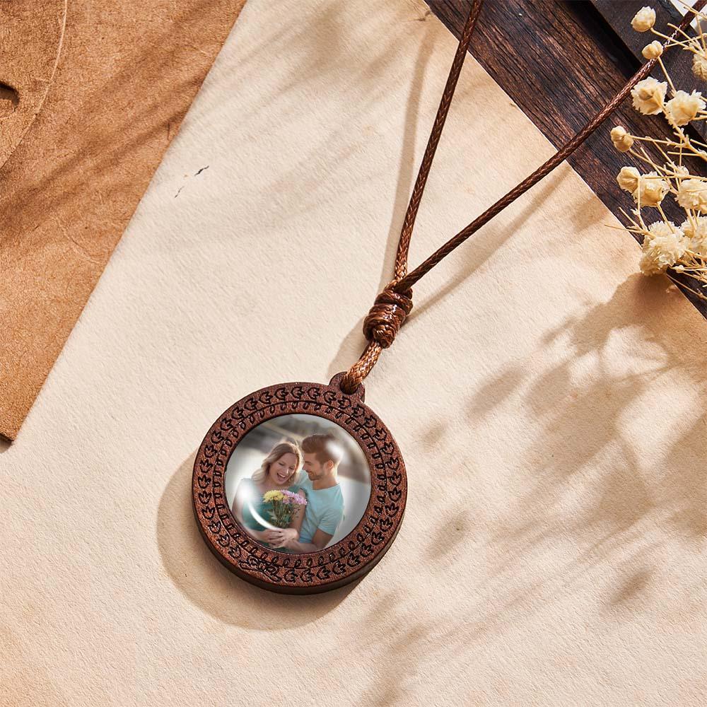 Personalized Photo Necklace Gifts for Him Wood Pendant Custom Name Engraved Round Pendant - soufeelus