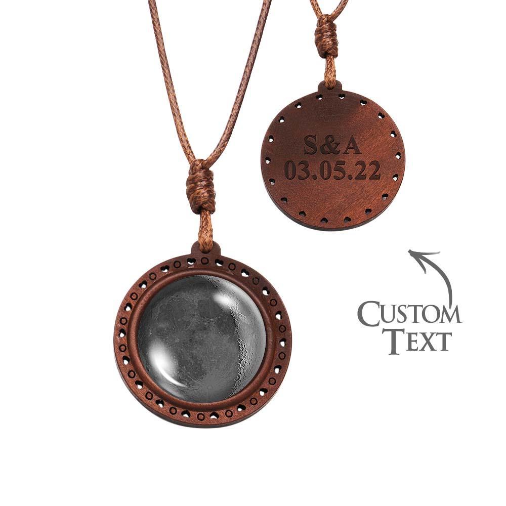 Custom Moon Phase Wood Pendant Necklace Personalized Engraved Name Valentine's Gifts for Her - soufeelus