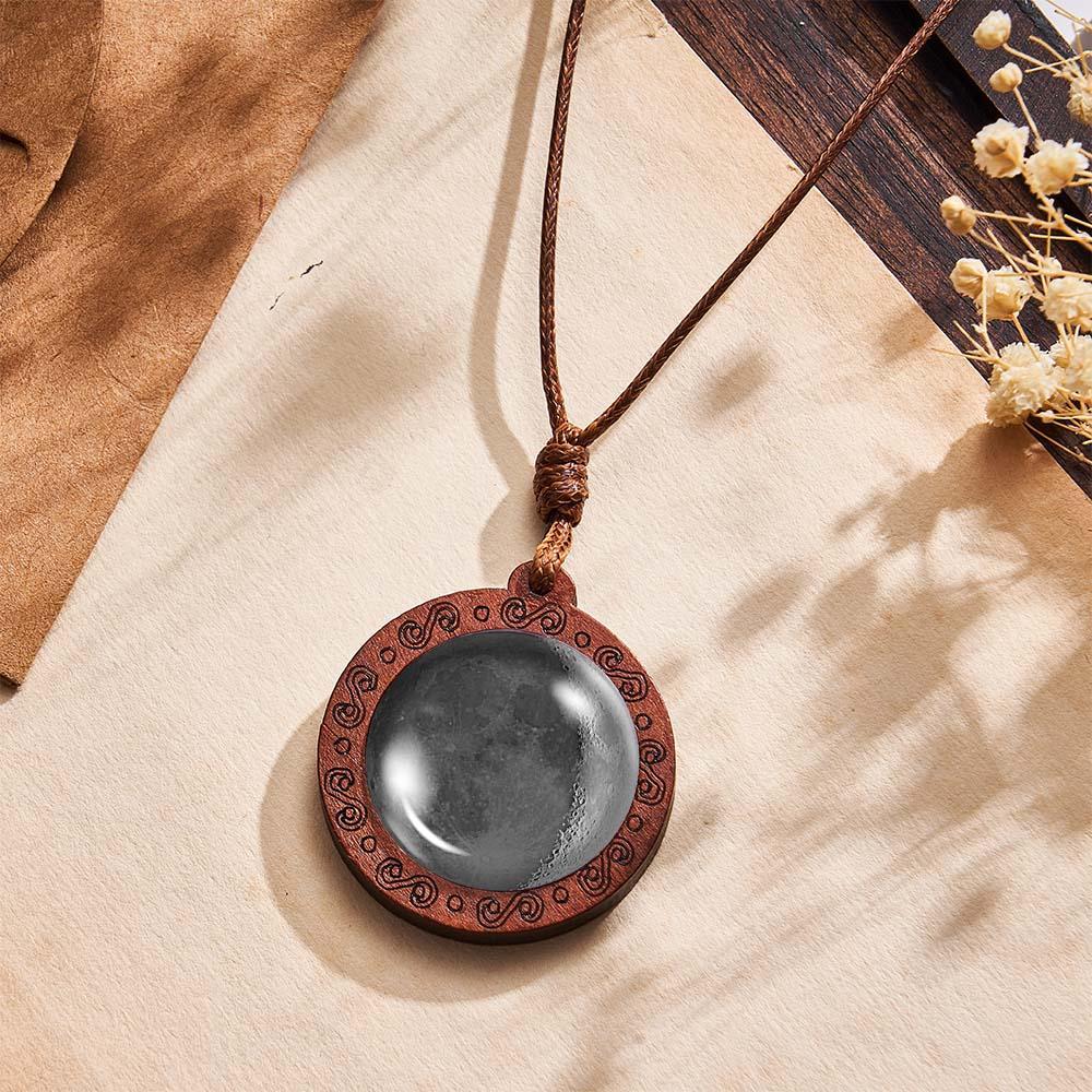 Custom Moon Phase Wood Pendant Necklace Personalized Engraved Name Valentine's Gifts for Her - soufeelus