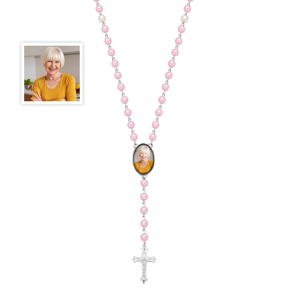 Custom Rosary Beads Cross Multi-Color Necklace Personalized Necklace with Photo Mother‘s Day Gifts