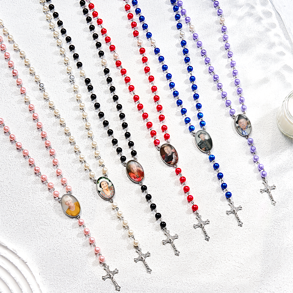 Custom Rosary Beads Cross Multi-Color Necklace Personalized Necklace with Photo Mother‘s Day Gifts