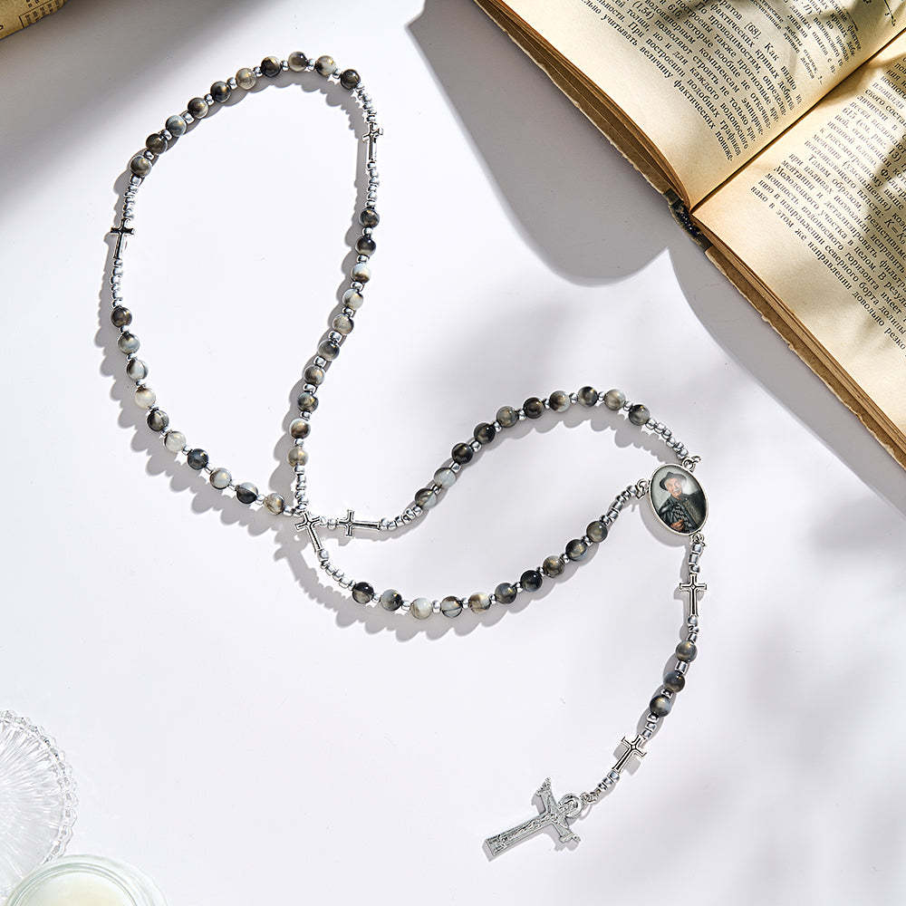 Custom Rosary Beads Cross Necklace Personalized Cross Necklace with Photo - soufeelus