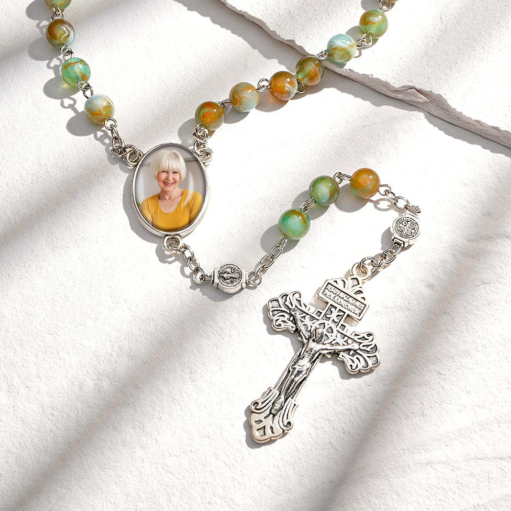 Custom Rosary Beads Cross Necklace Personalized Green Necklace with Photo - soufeelus
