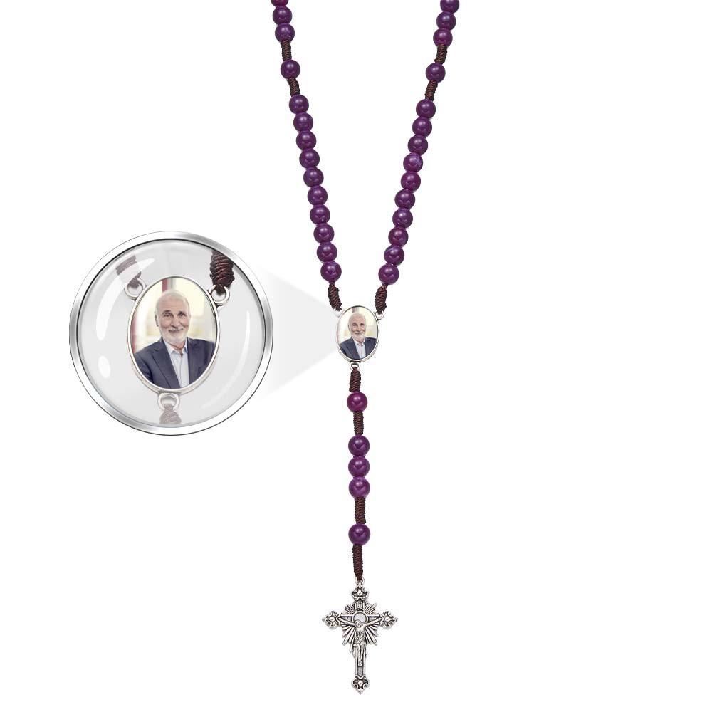 Custom Rosary Beads Cross Necklace Personalized Handmade Purple Necklace with Photo - soufeelus