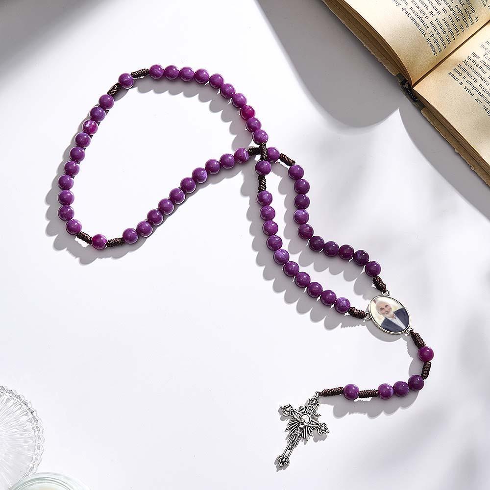 Custom Rosary Beads Cross Necklace Personalized Handmade Purple Necklace with Photo - soufeelus