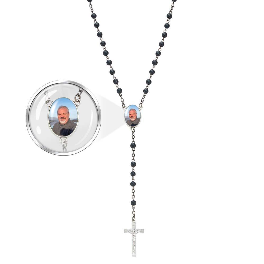 Custom Rosary Beads Cross Necklace Personalized Black Frosted Agate Necklace with Photo - soufeelus