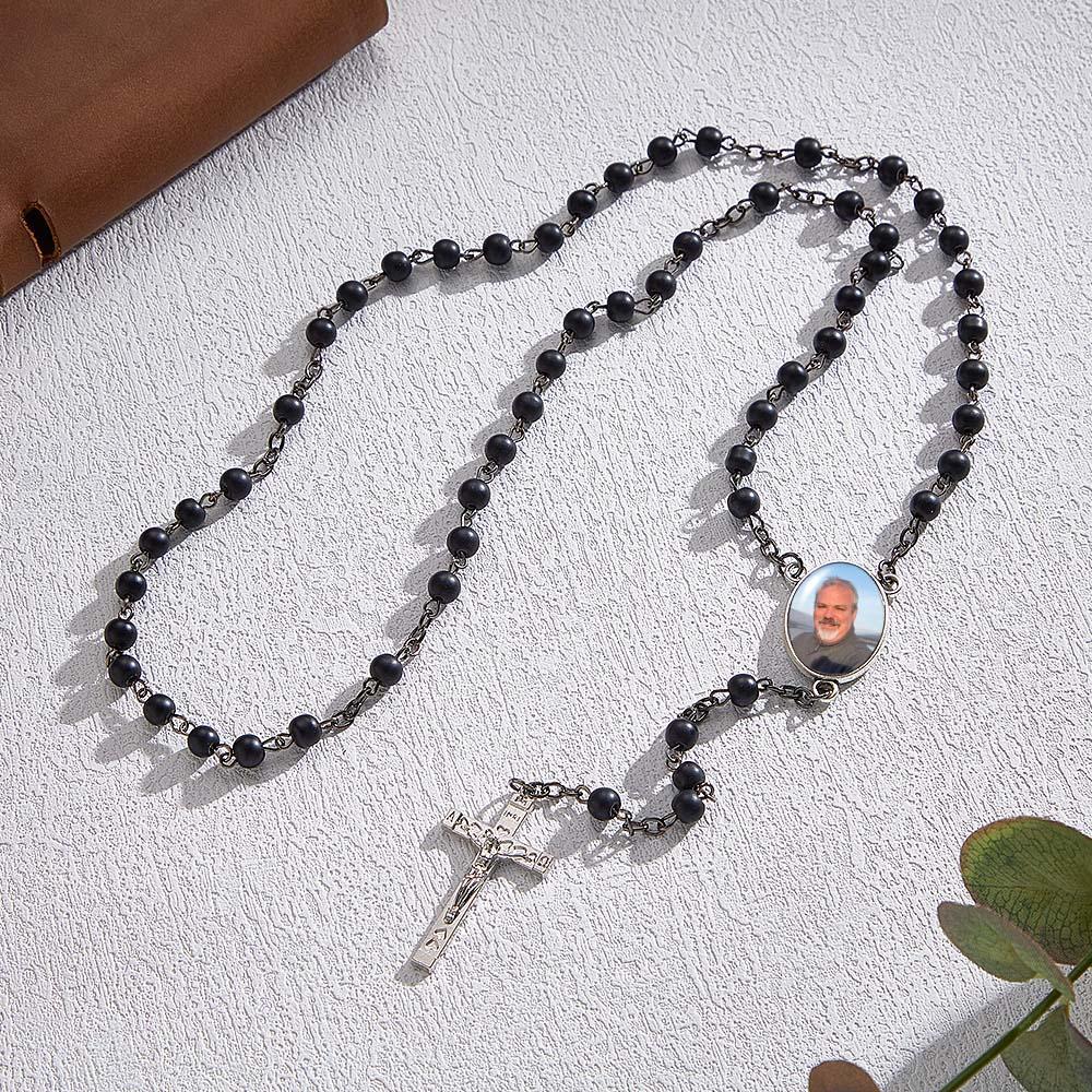 Custom Rosary Beads Cross Necklace Personalized Black Frosted Agate Necklace with Photo - soufeelus