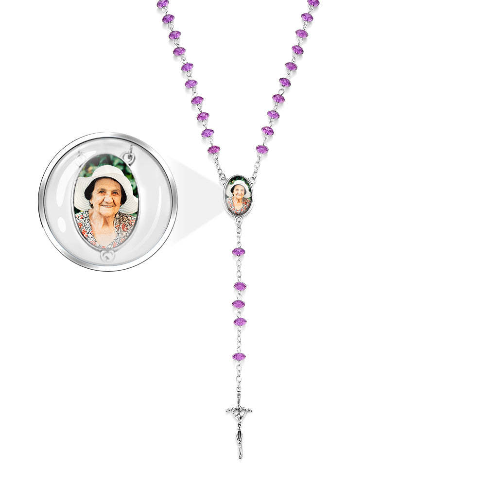 Custom Rosary Beads Cross Necklace Personalized Purple Flat Beads Necklace with Photo - soufeelus