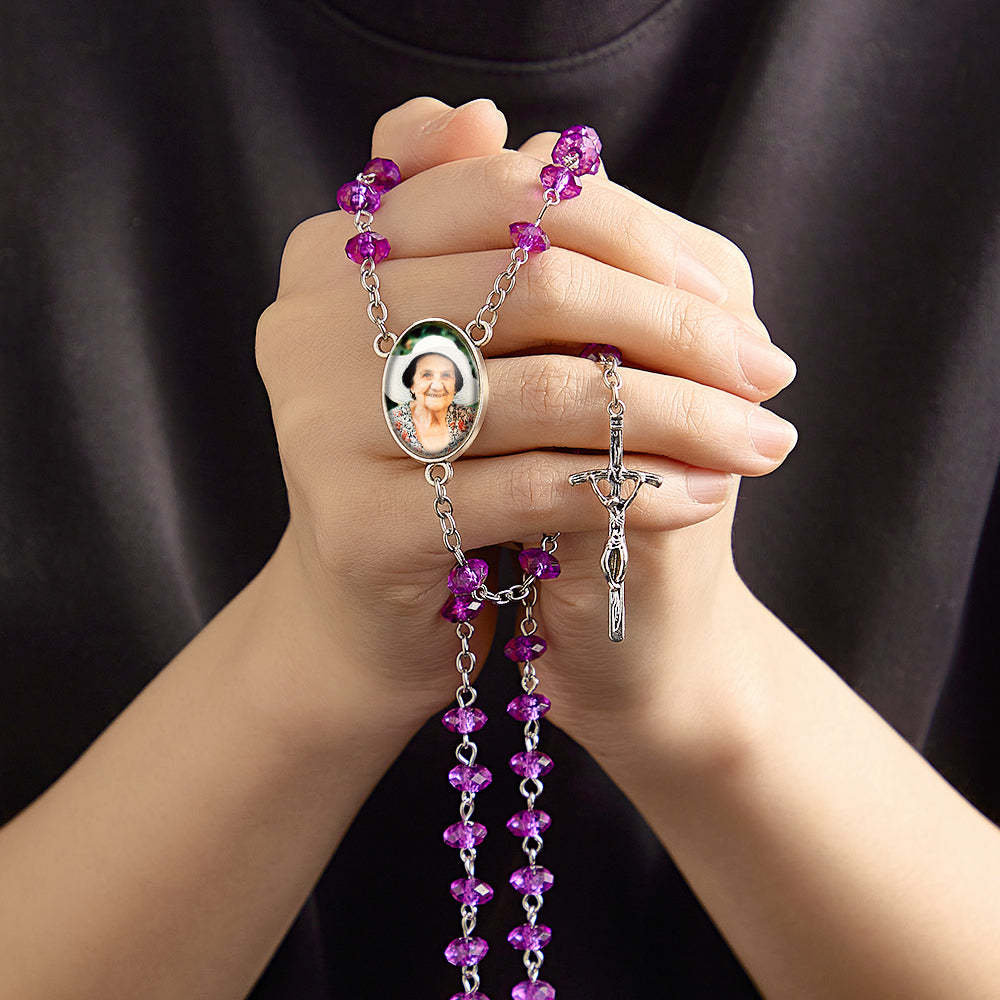 Custom Rosary Beads Cross Necklace Personalized Purple Flat Beads Necklace with Photo - soufeelus