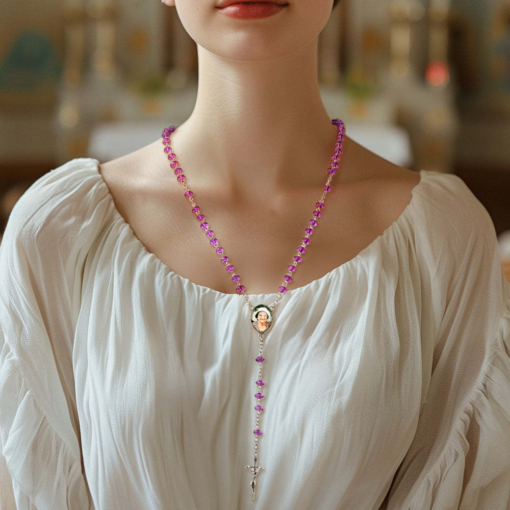 Custom Rosary Beads Cross Necklace Personalized Purple Flat Beads Necklace with Photo - soufeelus
