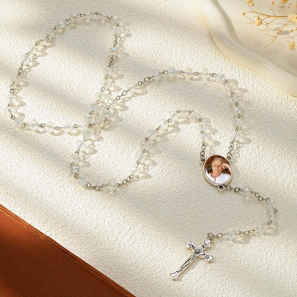 Custom Rosary Beads Cross Necklace Personalized White Color Plated Crystal Beads Necklace with Photo - soufeelus