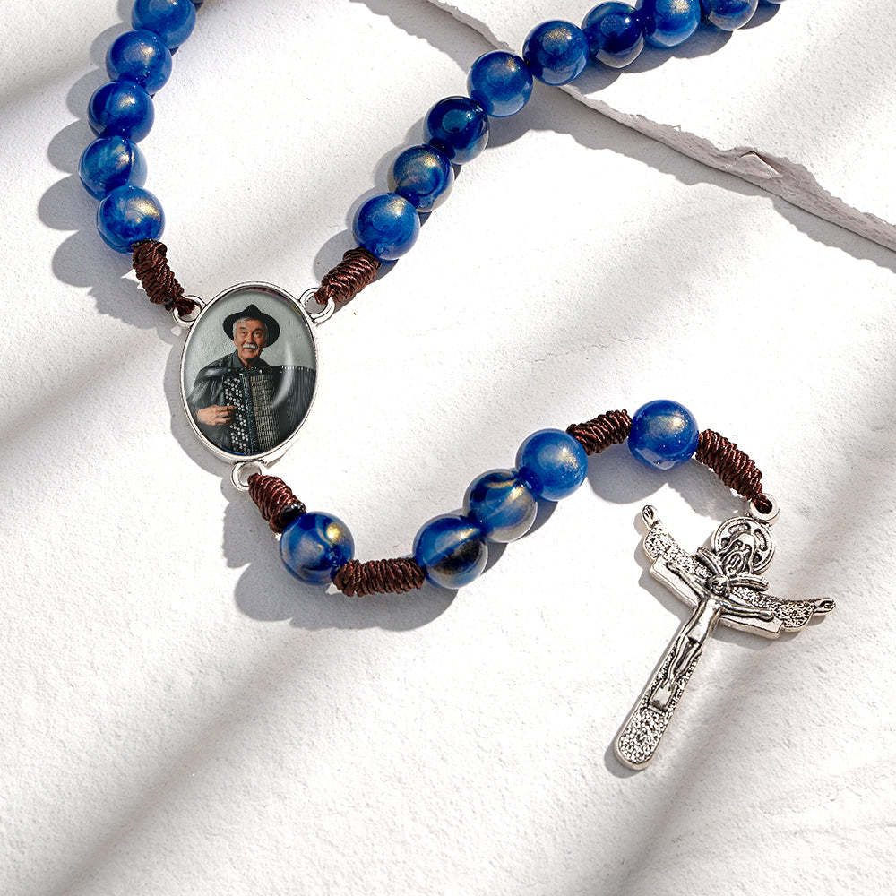 Custom Rosary Beads Cross Necklace Personalized Imitation Agate Beads Hand Woven Necklace with Photo - soufeelus