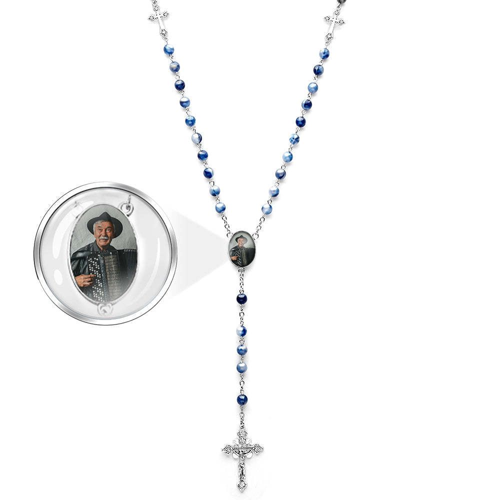 Custom Rosary Beads Cross Necklace Personalized Blue Acrylic Beads Necklace with Photo - soufeelus