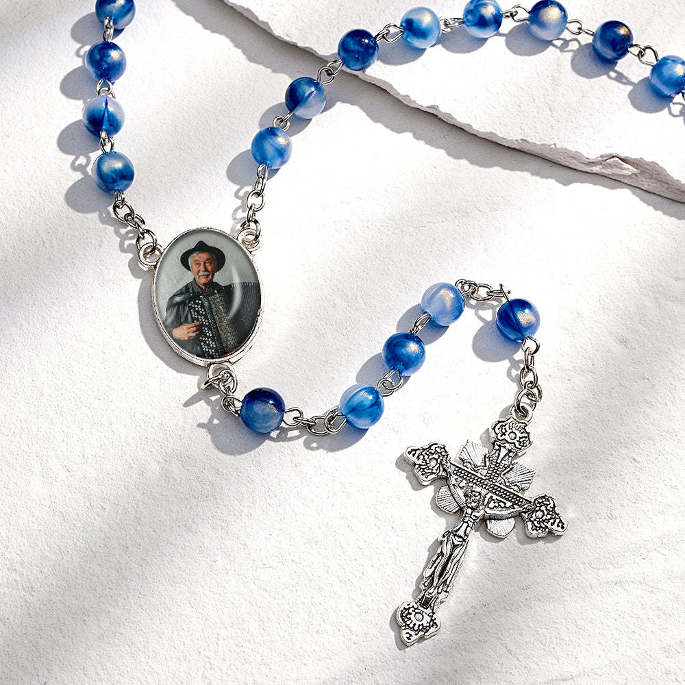 Custom Rosary Beads Cross Necklace Personalized Blue Acrylic Beads Necklace with Photo - soufeelus