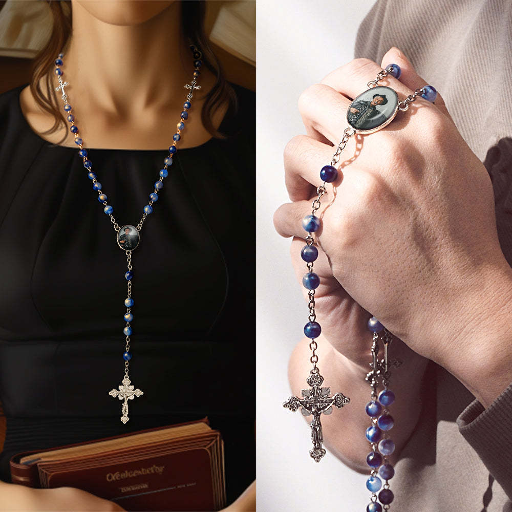 Custom Rosary Beads Cross Necklace Personalized Blue Acrylic Beads Necklace with Photo - soufeelus