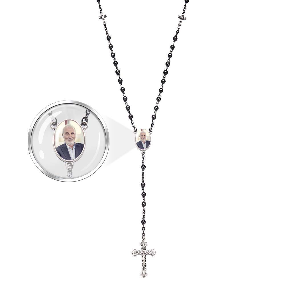 Custom Rosary Beads Cross Necklace Personalized Black Gallstone Cross Necklace with Photo - soufeelus