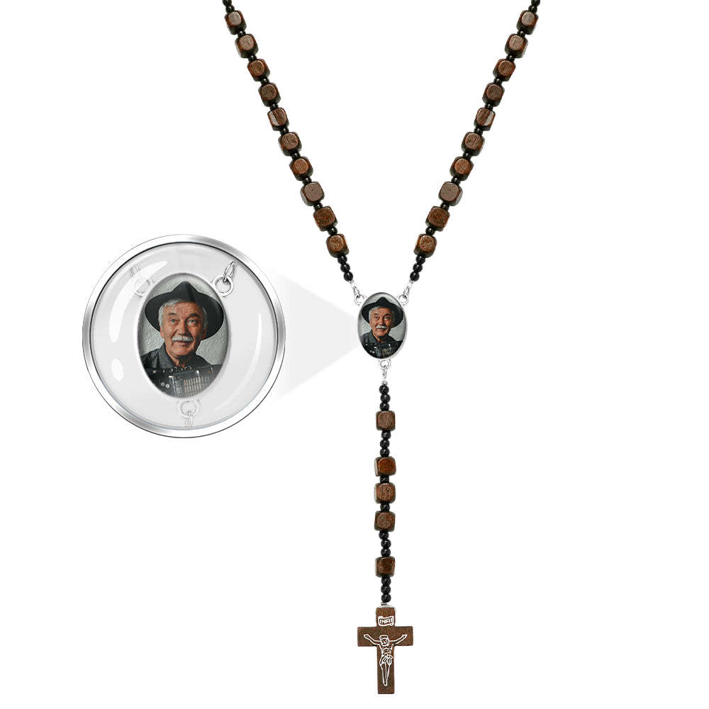 Custom Rosary Beads Cross Necklace Personalized Square Wooden Beads Necklace with Photo - soufeelus