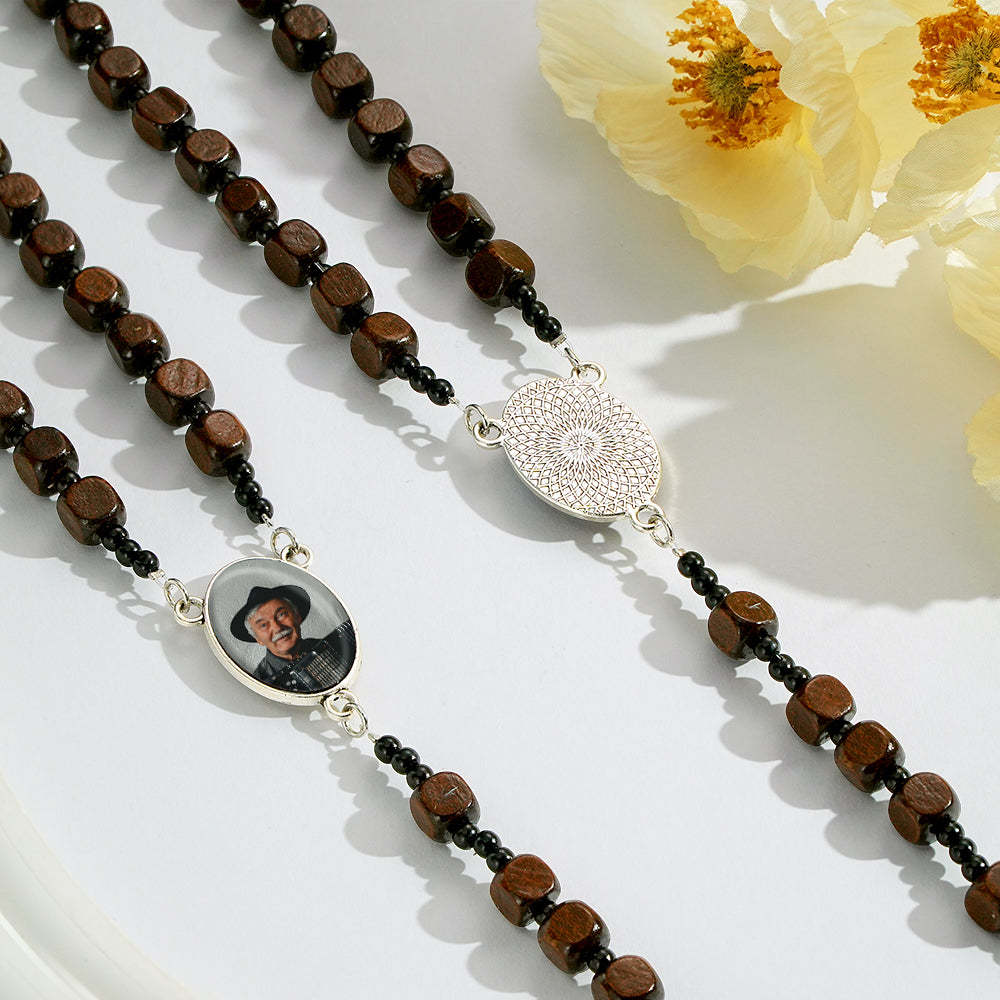 Custom Rosary Beads Cross Necklace Personalized Square Wooden Beads Necklace with Photo - soufeelus