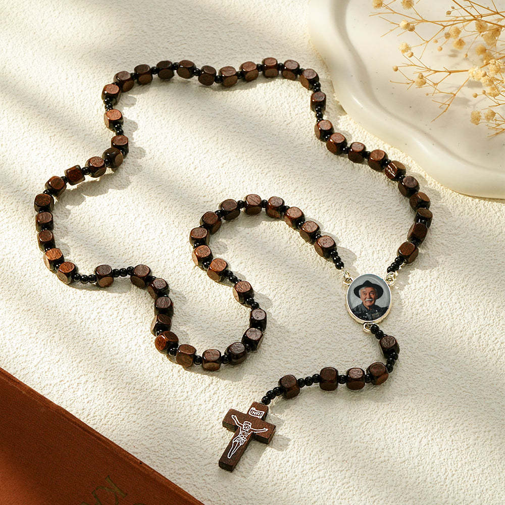 Custom Rosary Beads Cross Necklace Personalized Square Wooden Beads Necklace with Photo - soufeelus