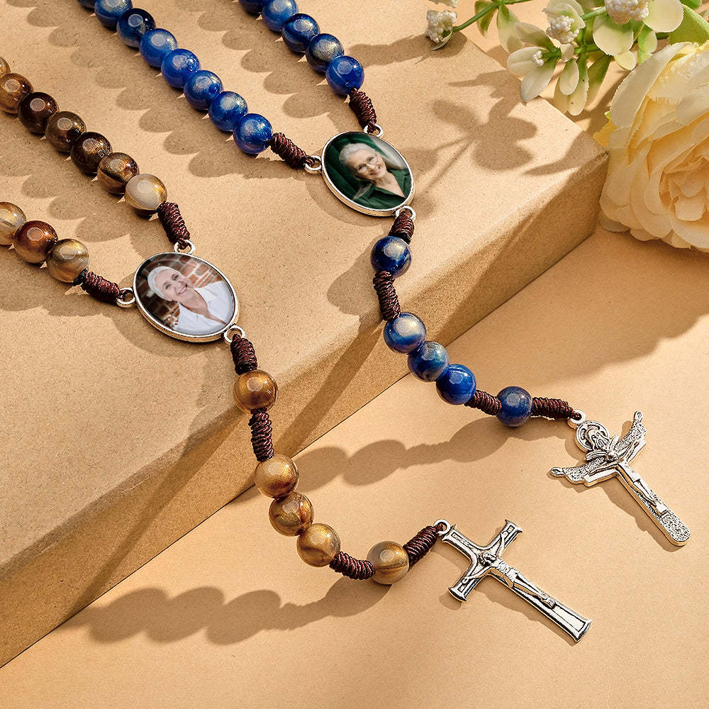 Custom Rosary Beads Cross Necklace Personalized Imitation Agate Beads Hand Woven Necklace with Photo - soufeelus