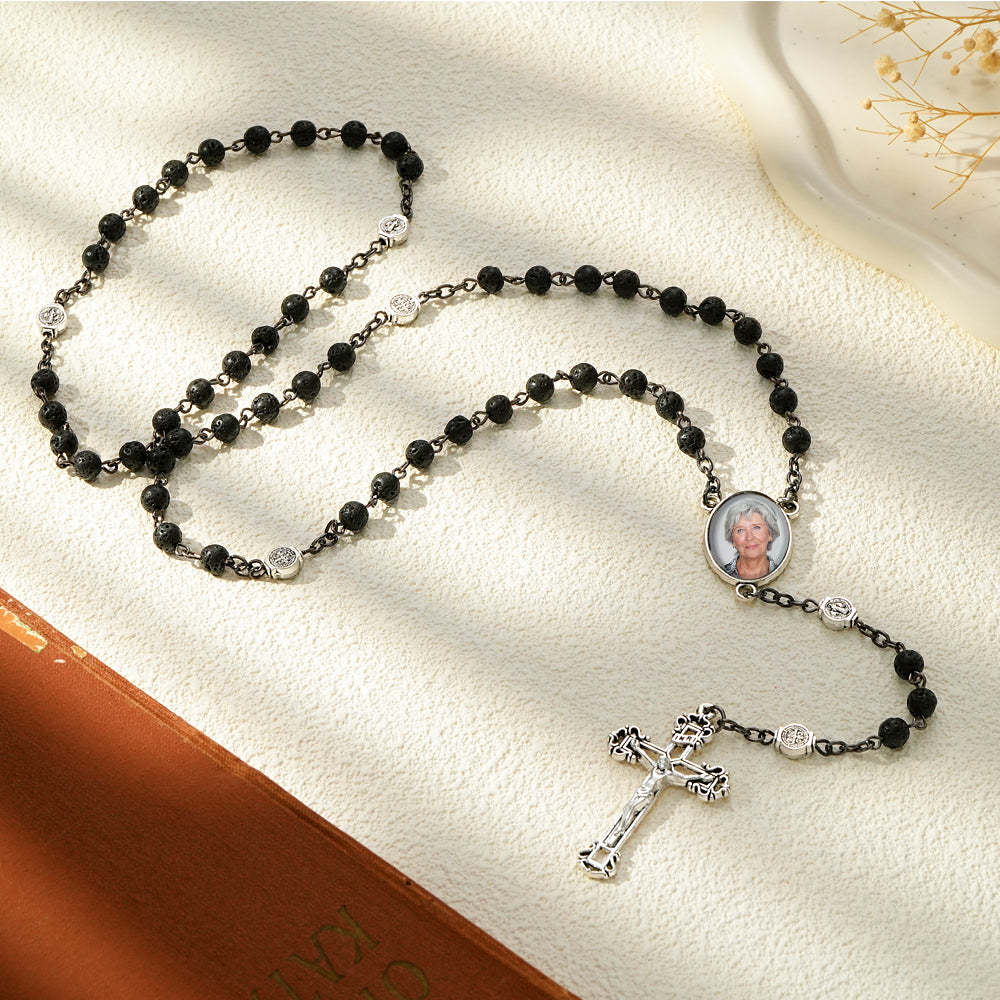 Custom Rosary Beads Cross Necklace Personalized Volcanic Stone Necklace with Photo - soufeelus