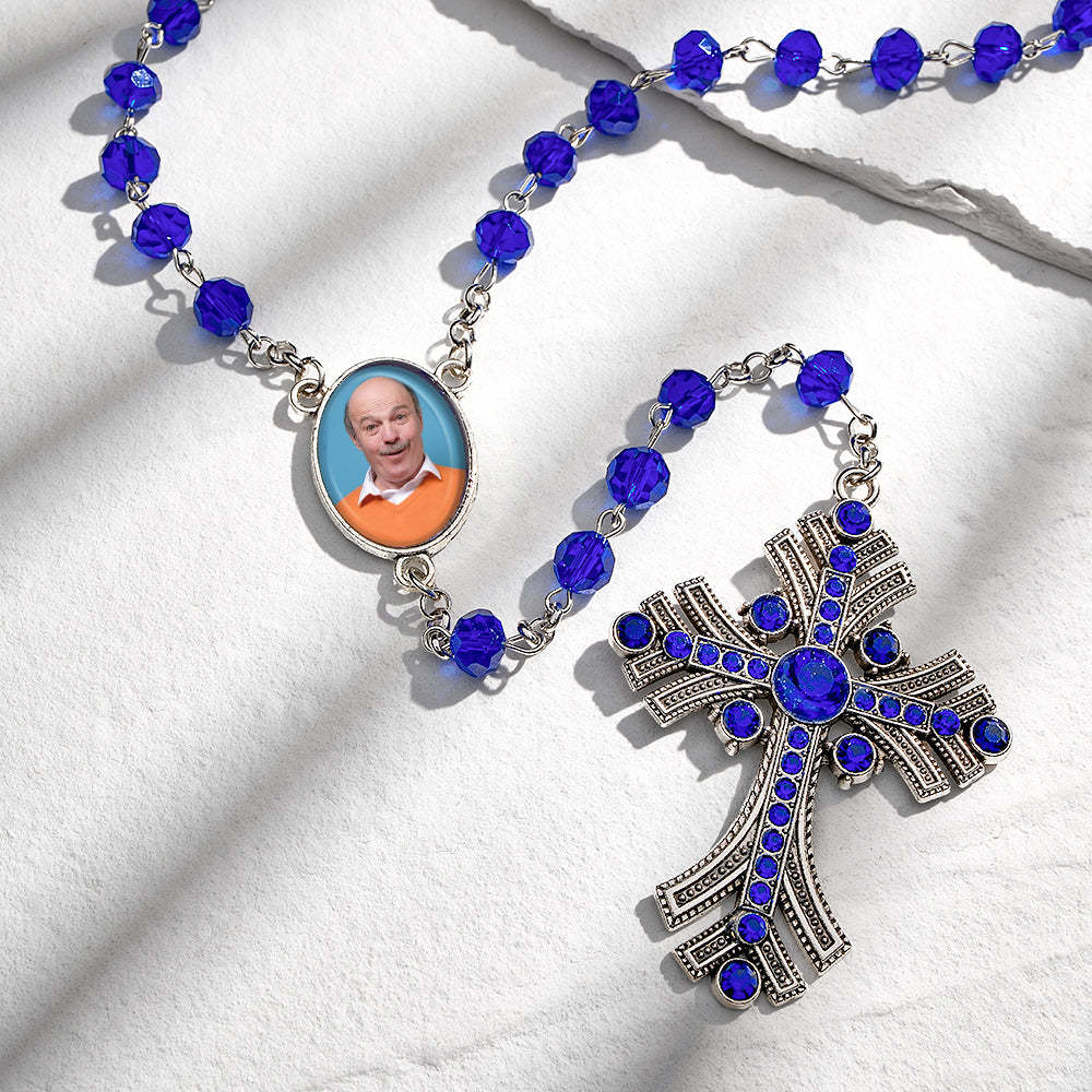 Custom Rosary Beads Cross Necklace Personalized Goth Blue Beads Necklace with Photo - soufeelus