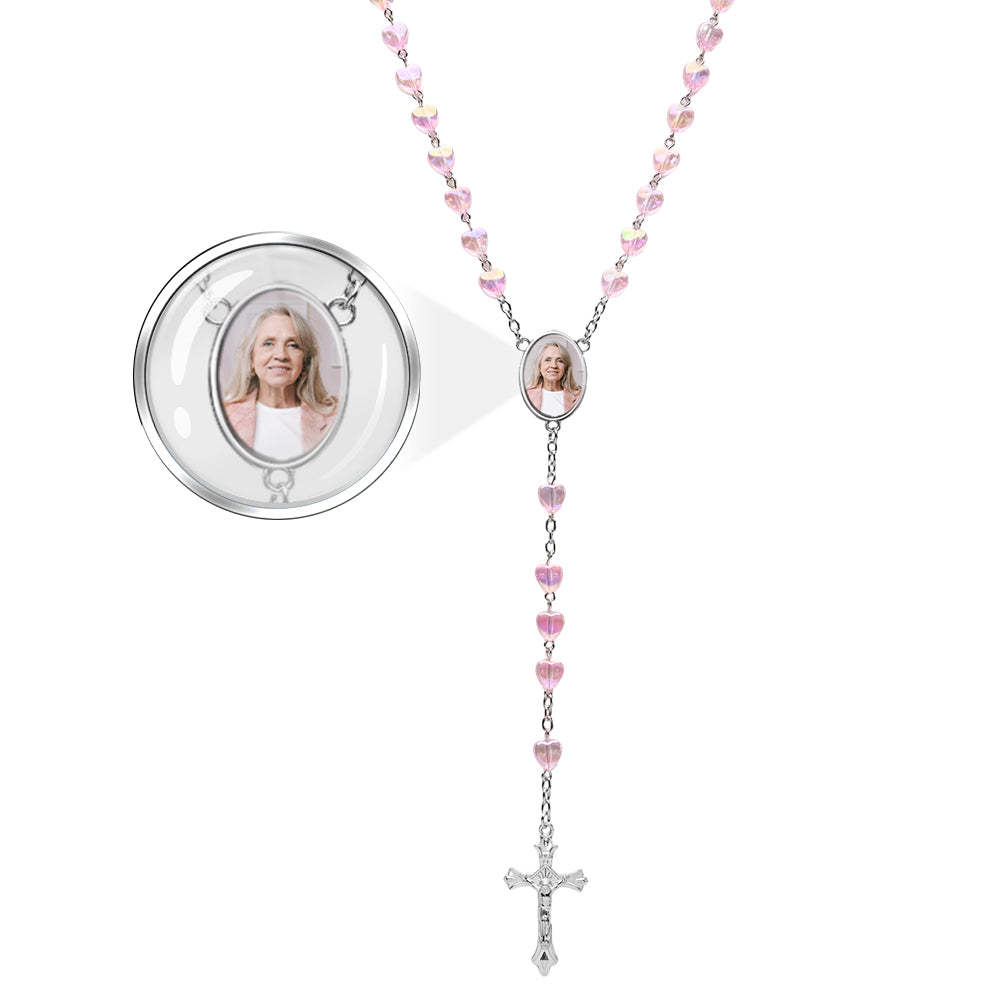 Custom Rosary Beads Cross Necklace Personalized Cross Heart Necklace with Photo - soufeelus