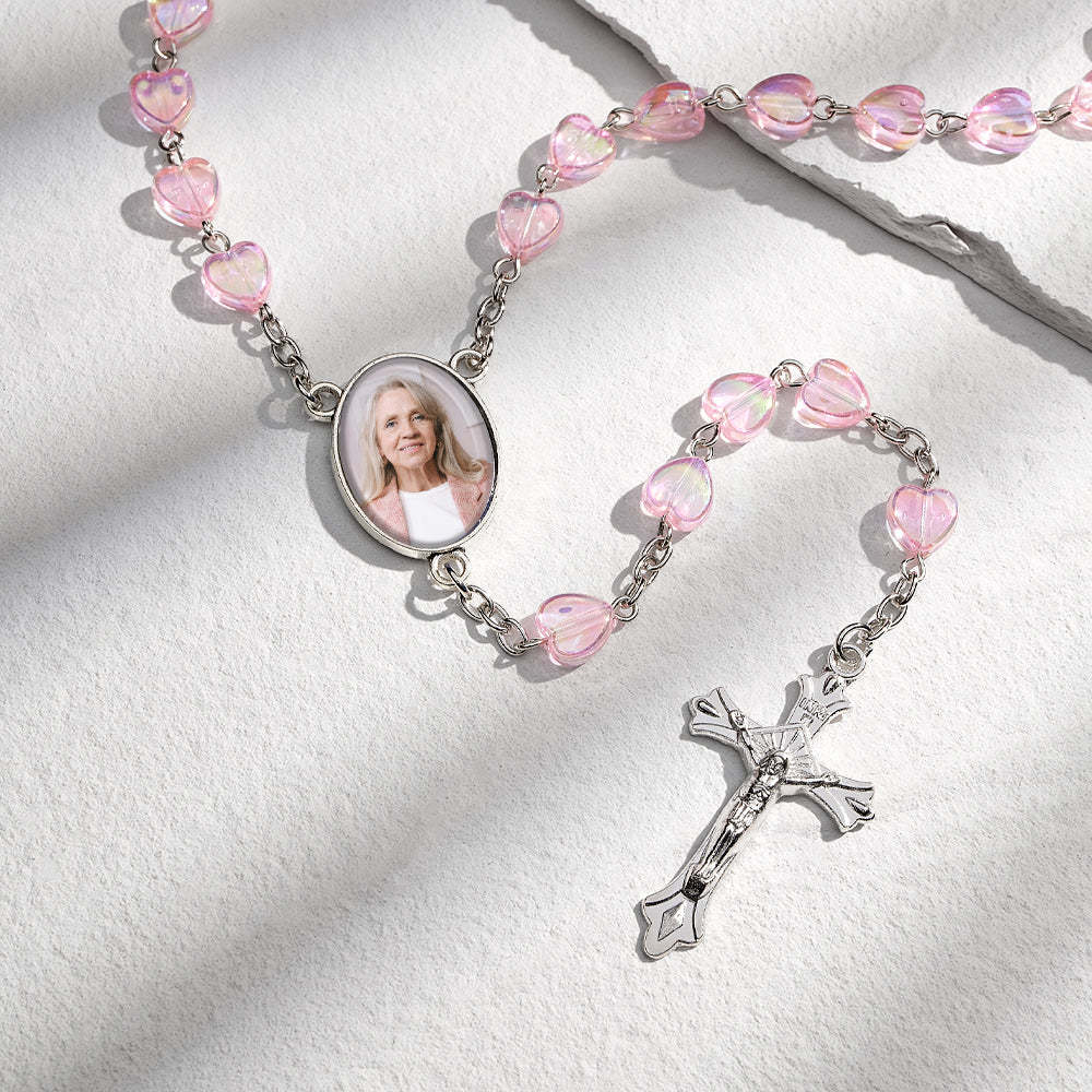 Custom Rosary Beads Cross Necklace Personalized Cross Heart Necklace with Photo - soufeelus