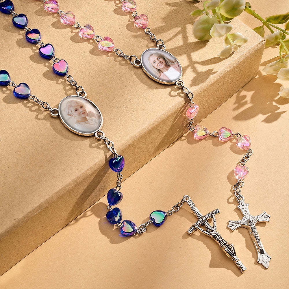 Custom Rosary Beads Cross Necklace Personalized Cross Heart Necklace with Photo - soufeelus