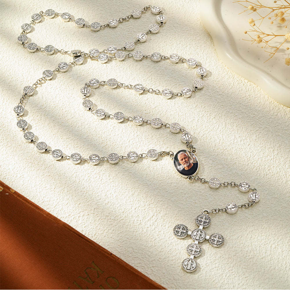 Custom Rosary Beads Cross Necklace Personalized Vintage Alloy Beads Necklace with Photo - soufeelus