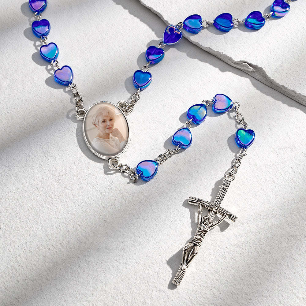 Custom Rosary Beads Cross Necklace Personalized Cross Heart Necklace with Photo - soufeelus