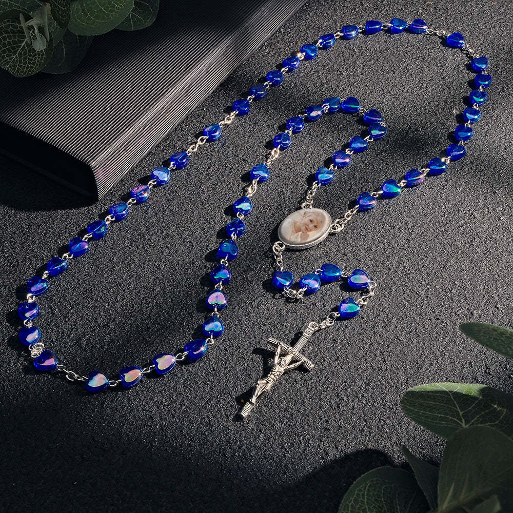 Custom Rosary Beads Cross Necklace Personalized Cross Heart Necklace with Photo - soufeelus