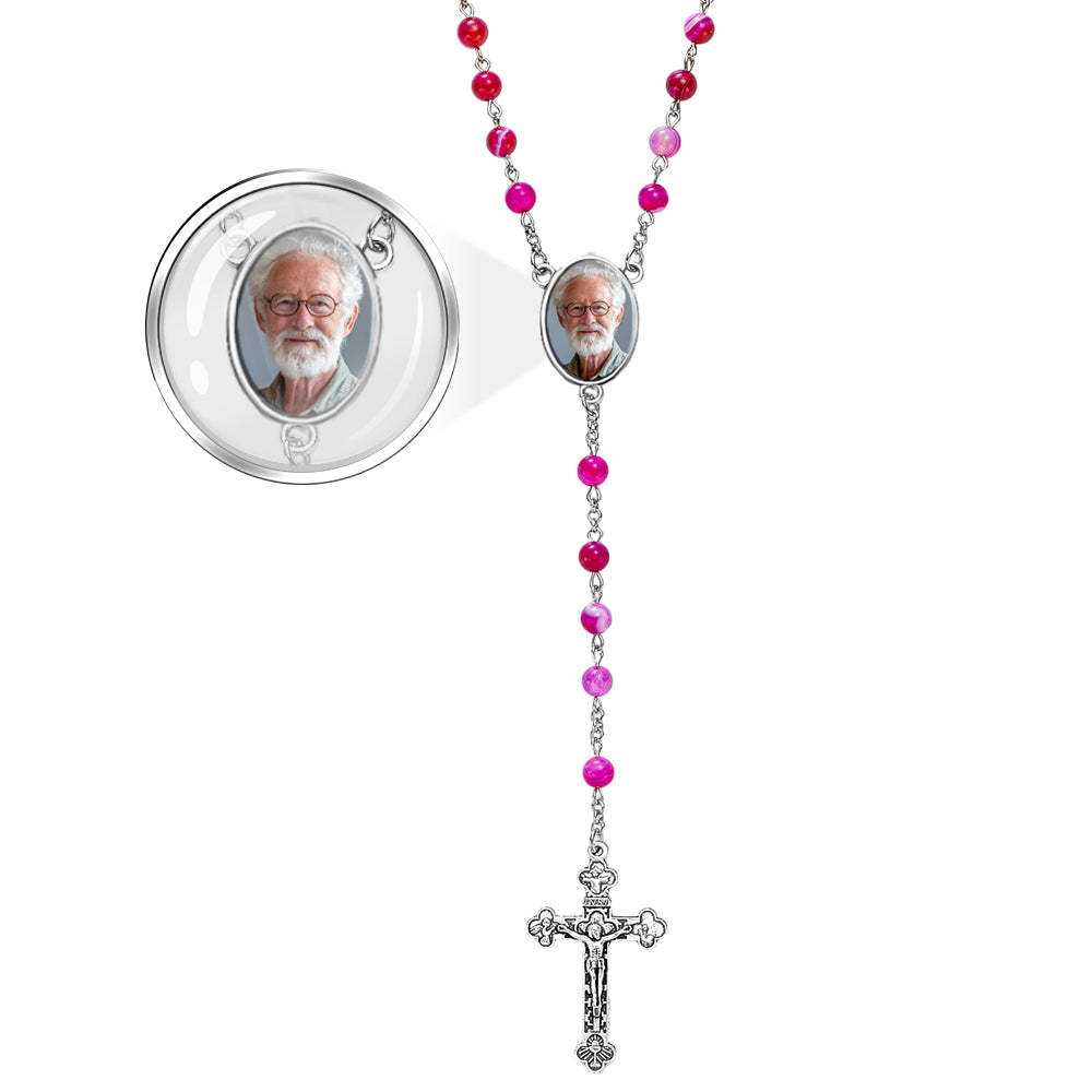 Custom Rosary Beads Cross Necklace Personalized Purple Agate Beads Necklace with Photo - soufeelus
