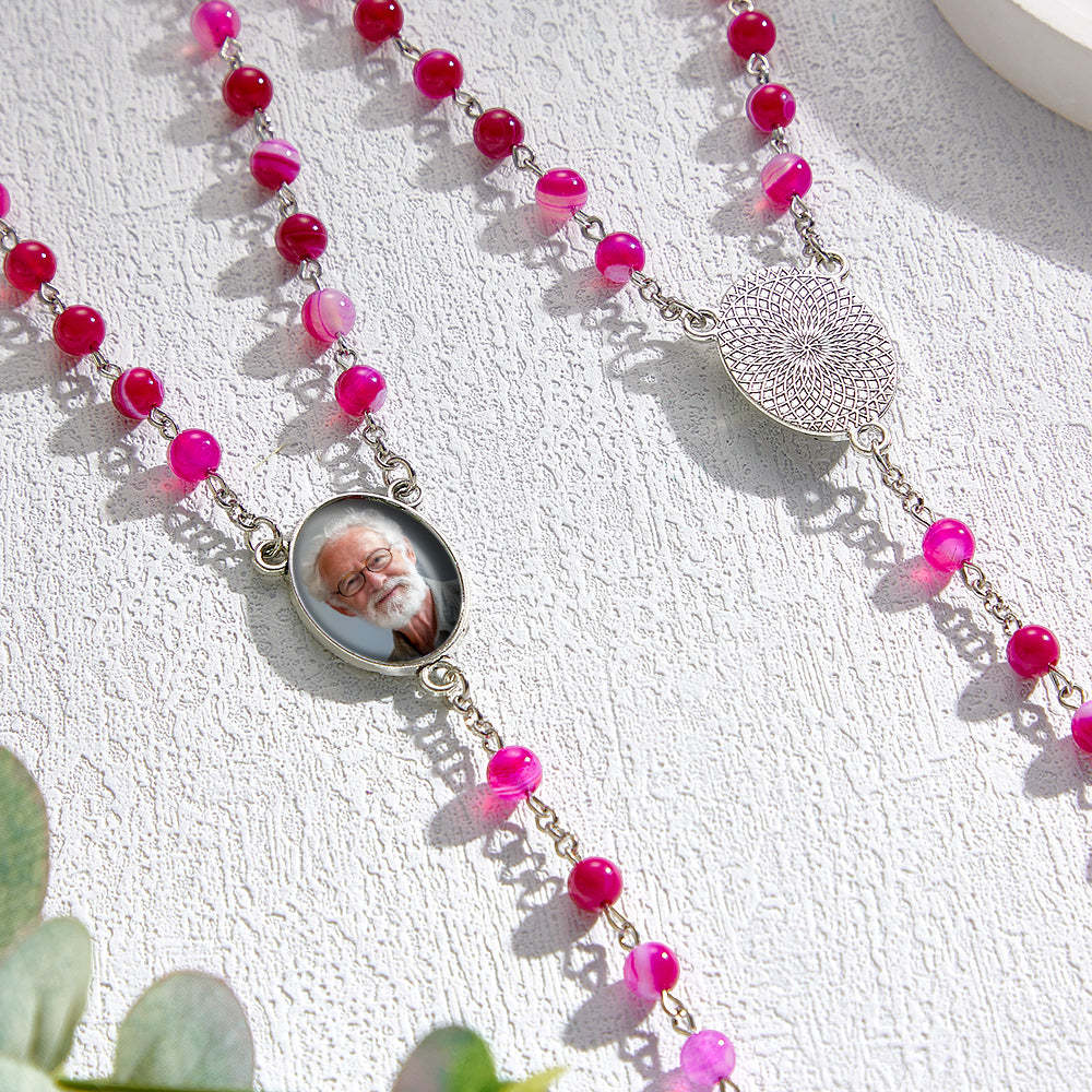 Custom Rosary Beads Cross Necklace Personalized Purple Agate Beads Necklace with Photo - soufeelus