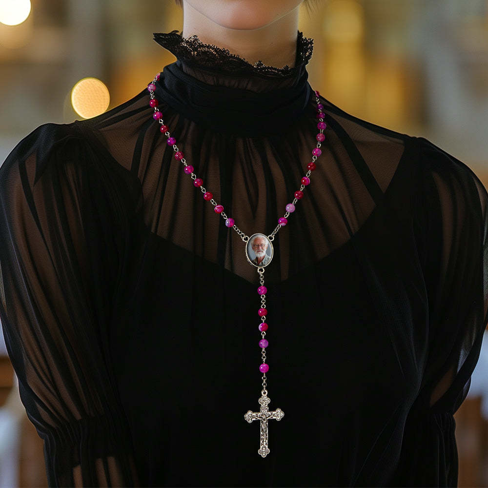 Custom Rosary Beads Cross Necklace Personalized Purple Agate Beads Necklace with Photo - soufeelus