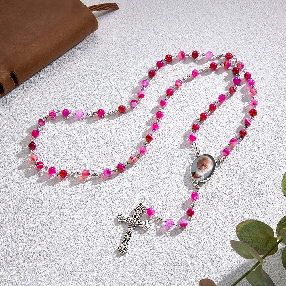 Custom Rosary Beads Cross Necklace Personalized Purple Agate Beads Necklace with Photo - soufeelus