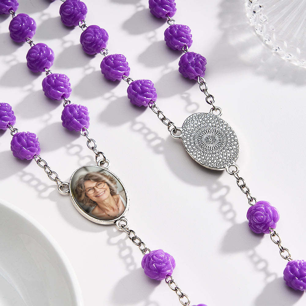 Custom Rosary Beads Cross Necklace Personalized Purple Double Sided Rose Necklace with Photo - soufeelus