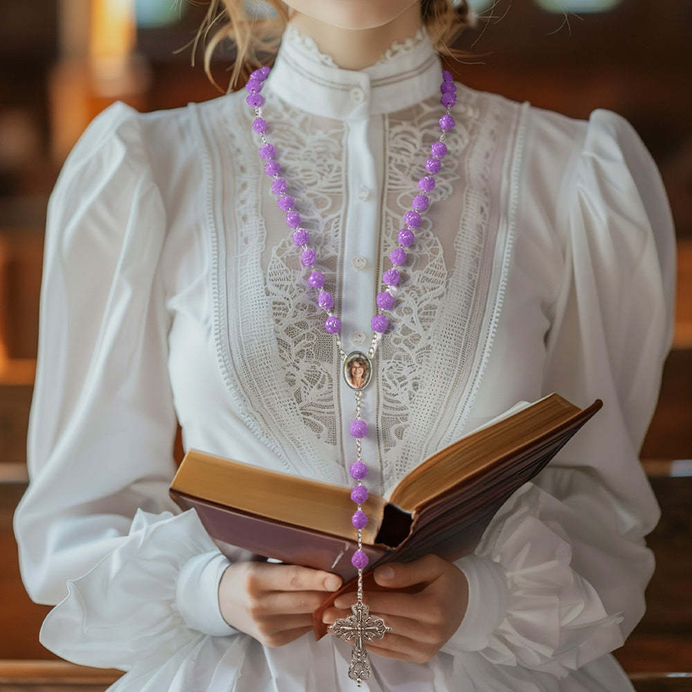 Custom Rosary Beads Cross Necklace Personalized Purple Double Sided Rose Necklace with Photo - soufeelus