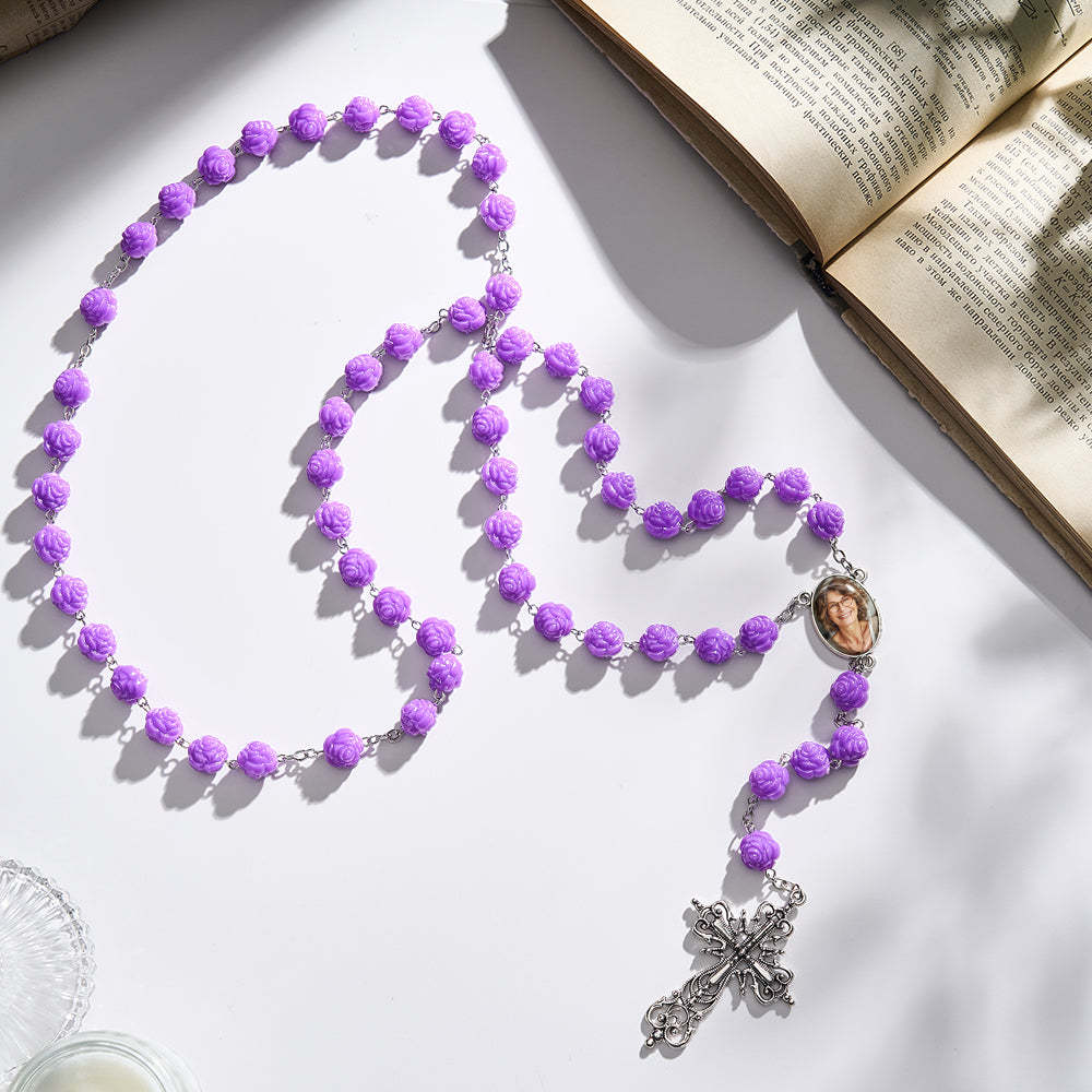 Custom Rosary Beads Cross Necklace Personalized Purple Double Sided Rose Necklace with Photo - soufeelus