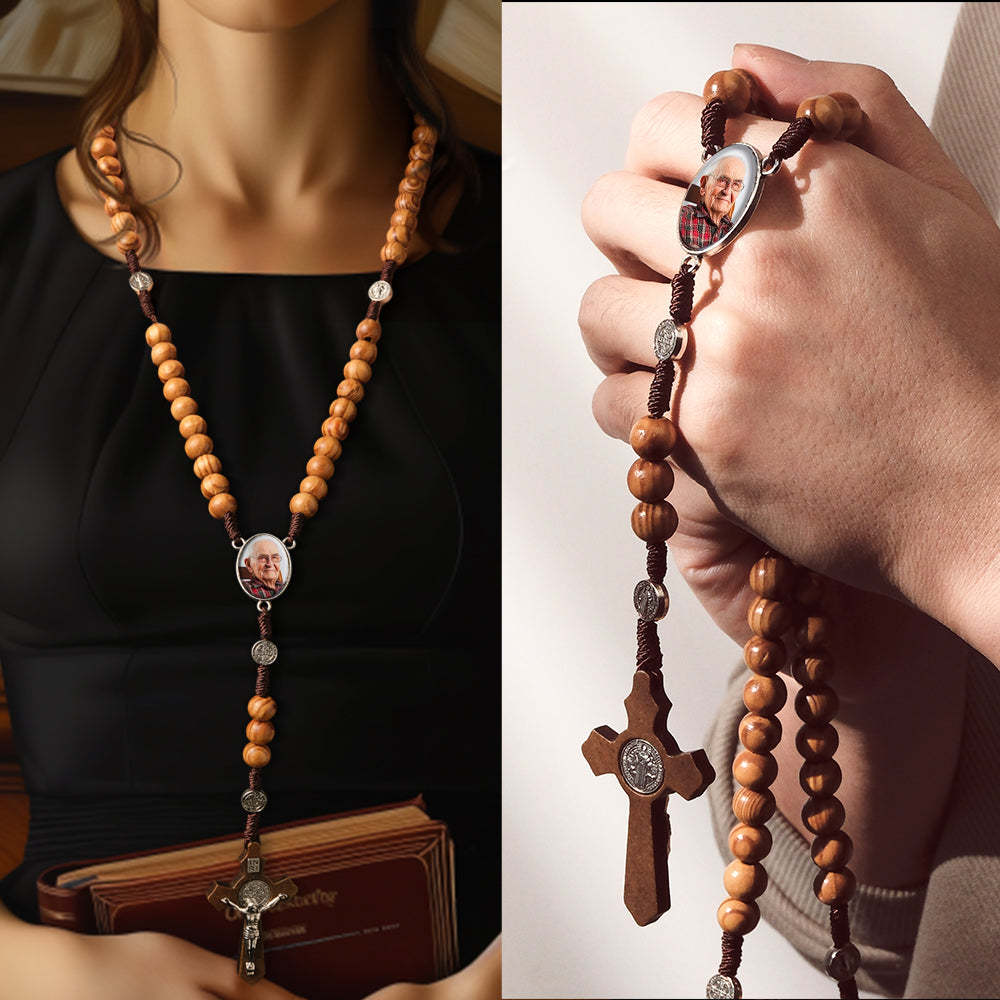 Custom Rosary Beads Cross Necklace Personalized Vintage Light Wood Beads Handwoven Necklace with Photo - soufeelus
