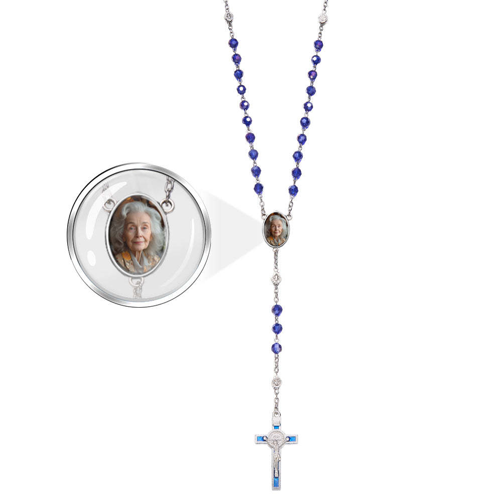 Custom Rosary Beads Cross Necklace Personalized Blue Crystal Necklace with Photo - soufeelus