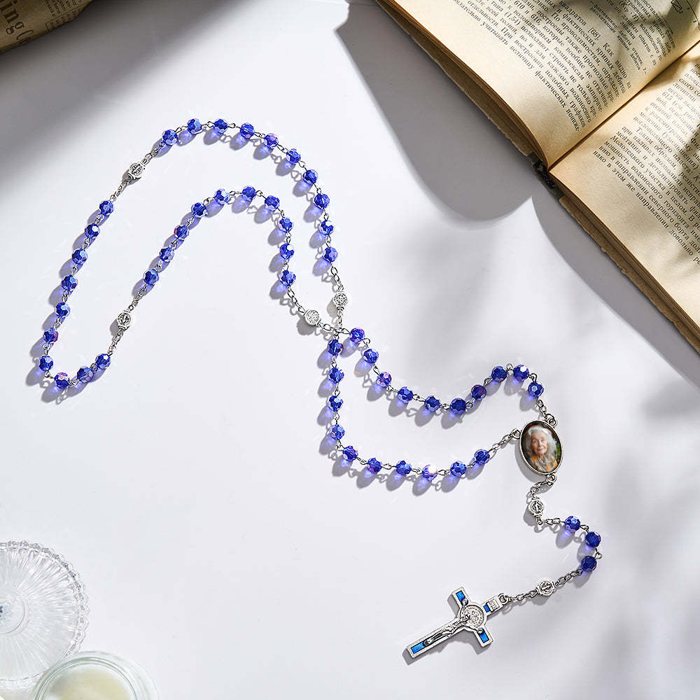 Custom Rosary Beads Cross Necklace Personalized Blue Crystal Necklace with Photo - soufeelus