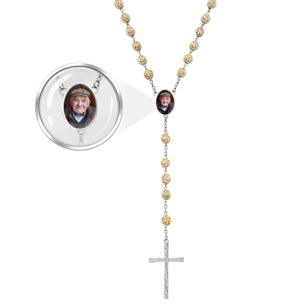 Custom Rosary Beads Cross Necklace Personalized Golden Rose Beads Necklace with Photo - soufeelus