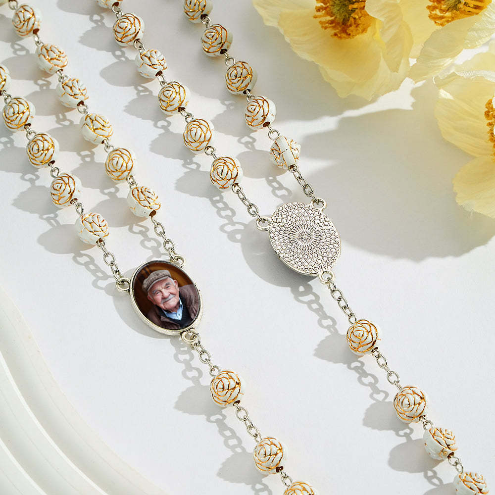 Custom Rosary Beads Cross Necklace Personalized Golden Rose Beads Necklace with Photo - soufeelus