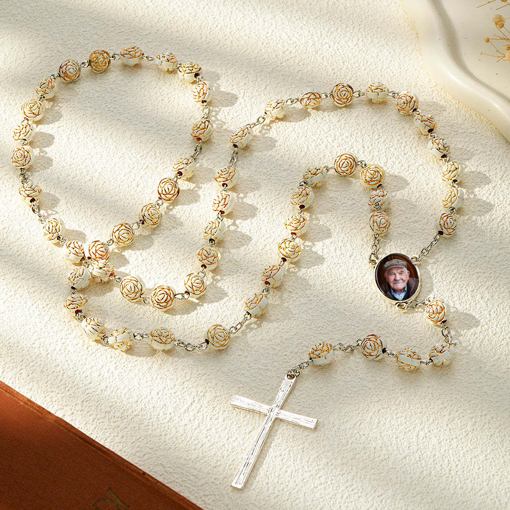 Custom Rosary Beads Cross Necklace Personalized Golden Rose Beads Necklace with Photo - soufeelus