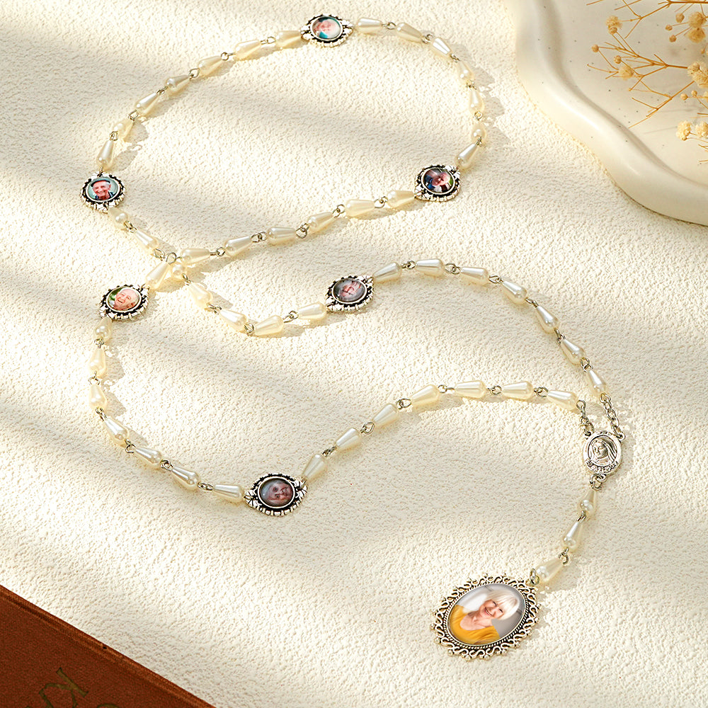 Custom Rosary Beads Cross Necklace Personalized Pearl Style Necklace with Photo - soufeelus