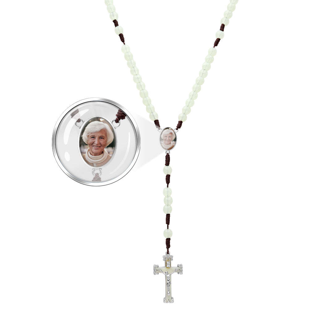 Custom Rosary Beads Cross Necklace Personalized Retro Acrylic Luminous Necklace with Photo - soufeelus
